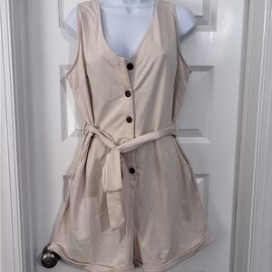 Sleeveless Beige Romper with Tie Belt
